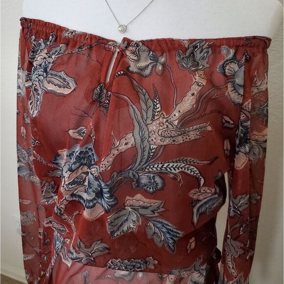 Vintage Boho Gypsy Sheer Cold Shoulder Sheer Flowy Floral Print Long Dress - Picture 4 of 8